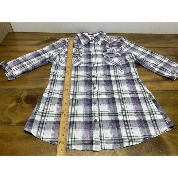 Roar Woman Western M Button Up Long Sleeve Blue Purple Embroidered Stretch Shirt - Picture 3 of 11